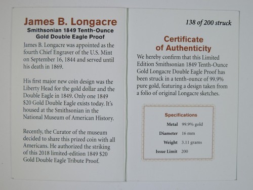 1849 Pattern Double Eagle Smithsonian 1/10oz 999 Gold Medal NGC PF70 Ultra Cameo - Picture 6 of 6