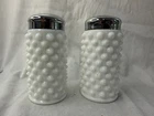 Vintage Fenton White Milk Glass Hobnail Salt & Pepper Shaker Set w/ Chrome Lids