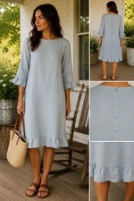 LJC Designs Linen Shift Dress M Blue Ruffle Hem Back Button Cottagecore Boho