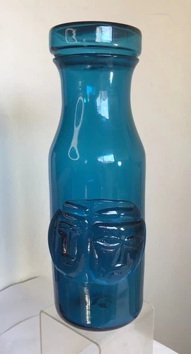 VINTAGE BLENKO GLASS LIDDED UTILITY JAR 557 W/ FACES MEDALLION WAYNE HUSTED TEAL