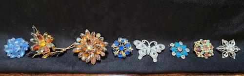 Lot of 8 Vintage Rhinestone Brooches Costume Jewelry Multi Color Flower