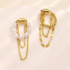 Sparkling Gold Pearl and Round Bead Chain Tassel Magnet Earrings Ear Bone Clip