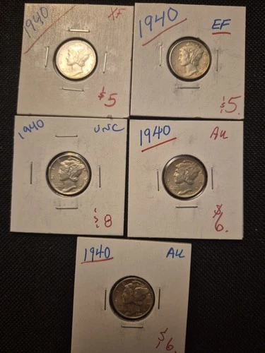 5 Beautiful High Quality XF - UNC 1940 Mercury Dimes.  90% SILVER!!