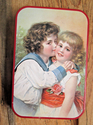 VINTAGE Hoffman Swiss Made Hinged Trinket Tin Box Hugging Children Boy Girl