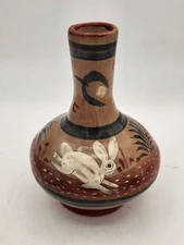 VTG Mexican Pottery Tonala Folk Art Hand Painted Vase White Bunny Rabbit 5½"