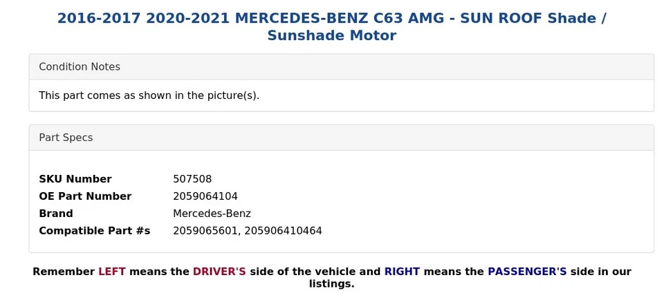 Mercedes-Benz C63 AMG 2016-2017 2020-2021 - Motor parasol/parasol techo Foto 4 de 4