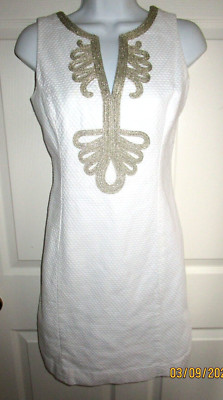 2 Lilly Pulitzer White Puckered 100% Cotton Gold Lame Embroidered Sheath Dress