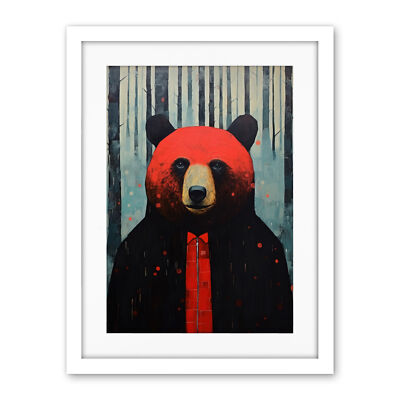 Hipster Red Bear Artwork Black Blue Artwork Forest Trees Framed Art Print 18X24