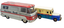 1960's Japanese Tin Friction Set of 2  Postal Vans  Coin Banks