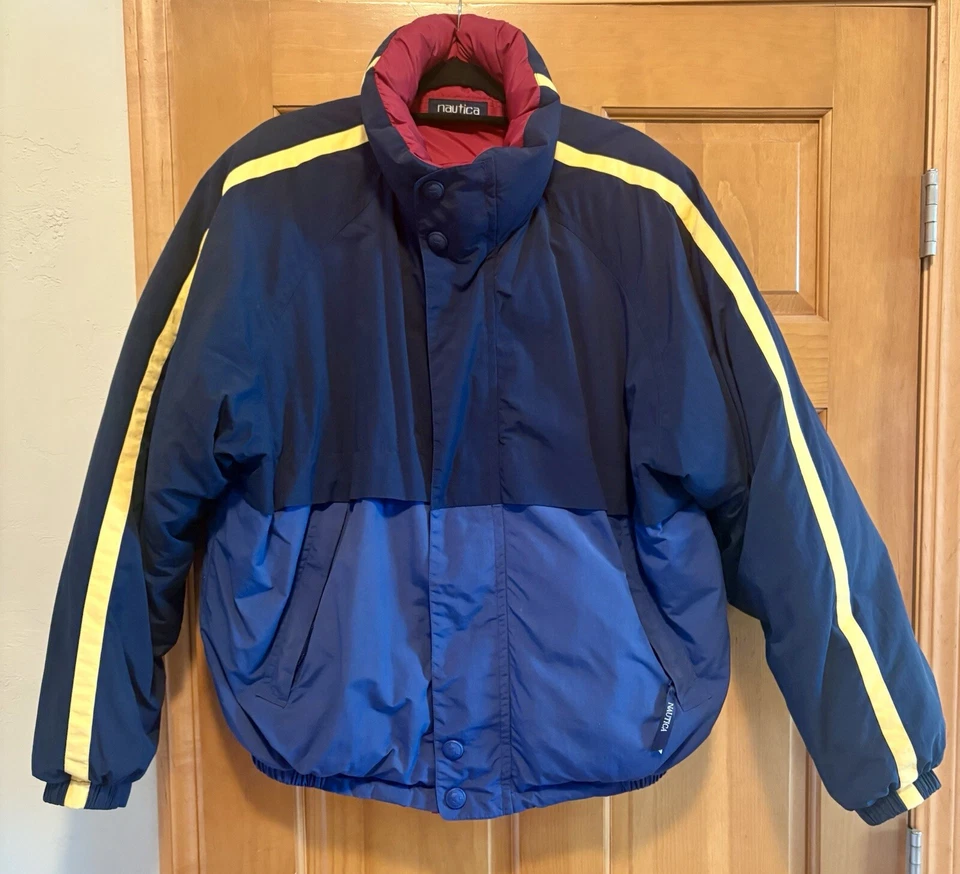 Abrigo/chaqueta acolchada vintage años 90 NAUTICA plumón de pato reversible - para hombre L - usada en excelente estado Foto 3 de 4