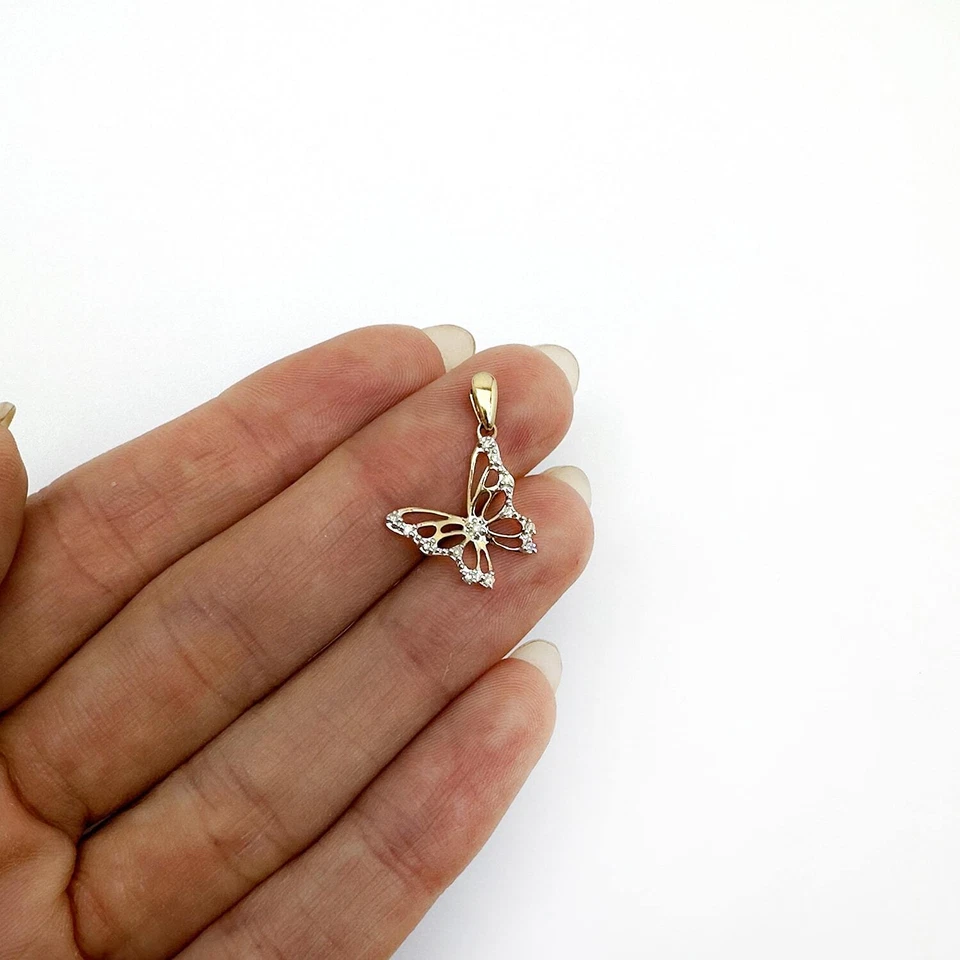 Colgante mariposa blanco amarillo oro 10K diamantes naturales 0,05 quilates 0,9" Foto 3 de 4