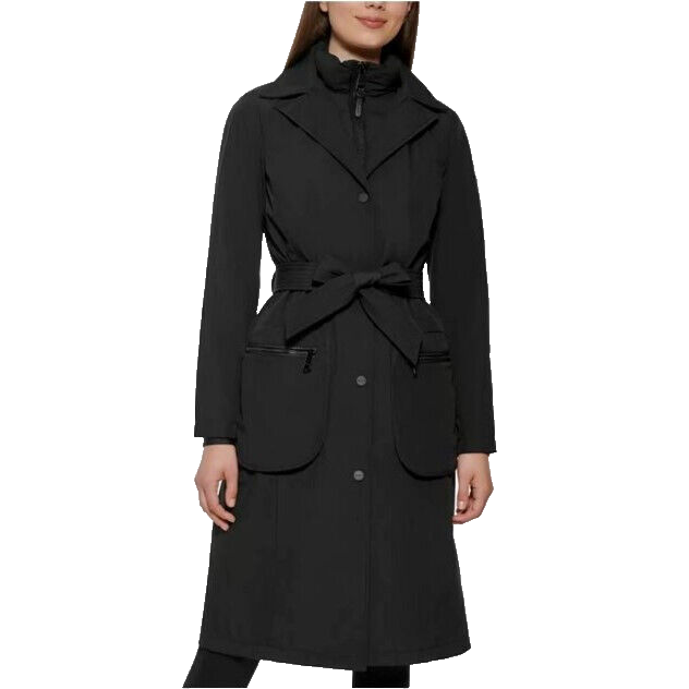 NEW DKNY Black Bibbed Belted Hooded Trench Coat, Sz M