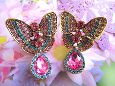 Beautiful Multi-Color Crystal  Gemstone Butterfly Pierced EARRINGS NEW