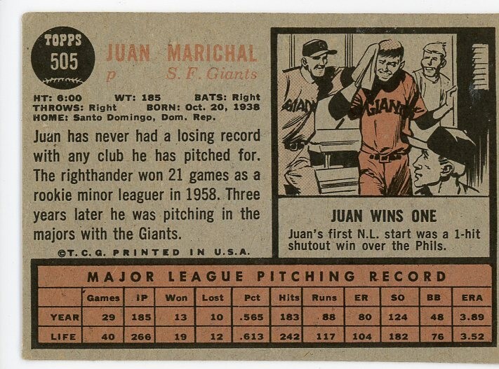 Juan Marichal 1962 Topps 505 San Francisco Giants Baseball Card Yard Sale Find eBay