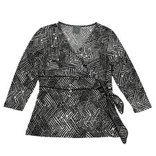 Ann Taylor Black White Faux Wrap Tie Blouse Size SP Petite Small Geometric