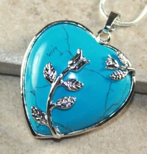 SILVER Elegant Charged Turquoise Heart Rose Pendant Necklace Reiki Yoga