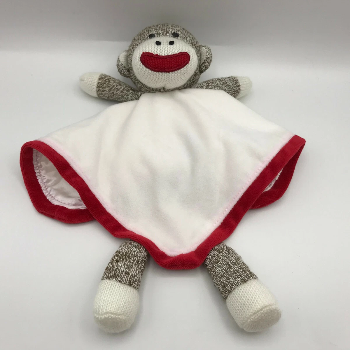 Baby Starters Sock Monkey Security Blanket Lovey White Red Satin Back 12