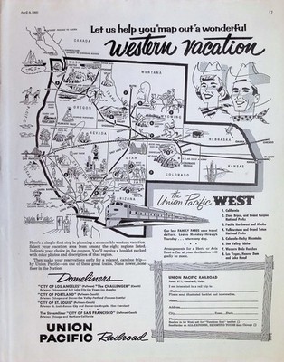 Original 1960 Union Pacific Railroad Ad: Western Vacation Map Streamliner Train