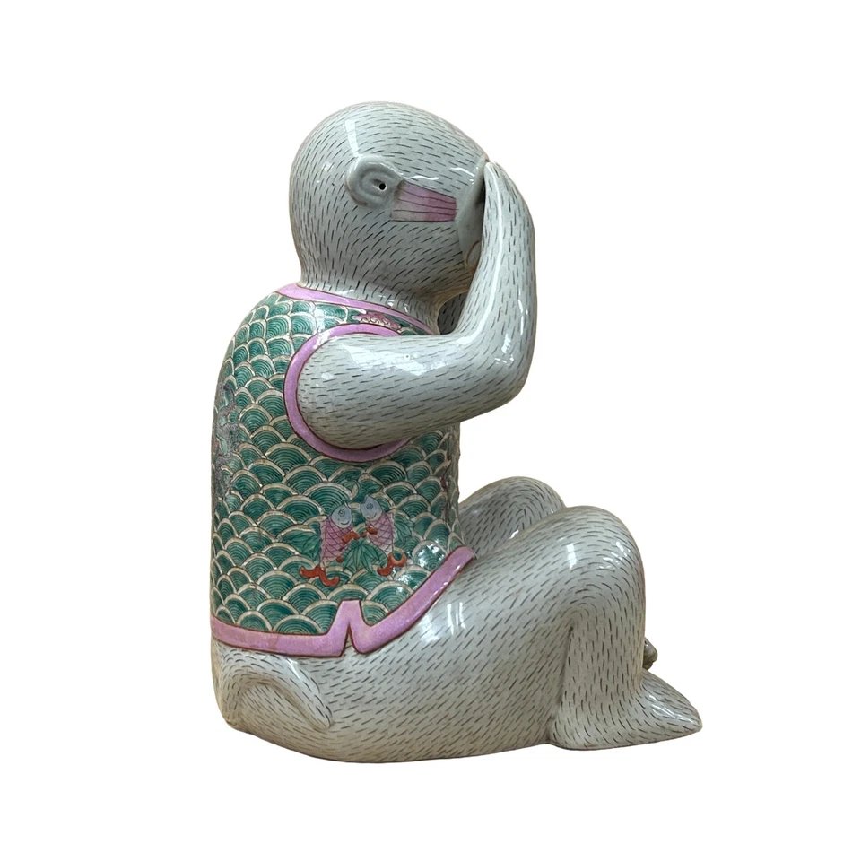 Set 3 Vintage Gray Green Dress No Evils Ceramic Art Monkey Figures ws4739 - Image 3 of 4