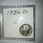 1936 Winged Liberty Head Mercury Dime Coin, Silver, 10 Cent, D Mint Mark Good