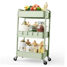  3 Tier Rolling Storage Cart, Metal Trolley Utility Cart with Wheels & Green