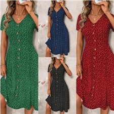 Ladies V-neck Midi Dress Holiday Summer Polka Dots Buttons Short Sleeve Dresses