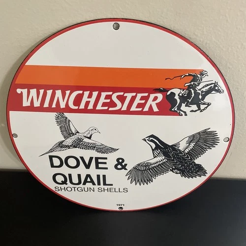 VINTAGE WINCHESTER DOVE & QUAIL SHELL HUNTING GASOLINE OIL PORCELAIN SIGN