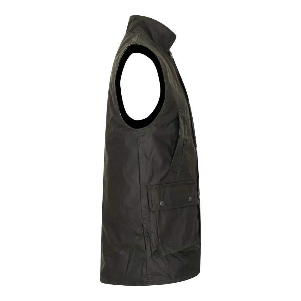 New Mens English Waxed Green Vest - Man Wax Olive Vest - product detail image 4