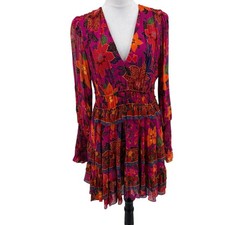 Farm Rio Mini Dress Womens Medium Pink Floral Tiered Smocked V-Neck Long Sleeve