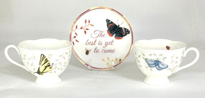 Lenox Butterfly Meadows Trio - 2 Teacups & 1 Sentiment Saucer Plate 5.5  dia.