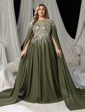 Elegant Beaded Chiffon Evening Gown With Dramatic Cape Sleeves   Luxury Dress