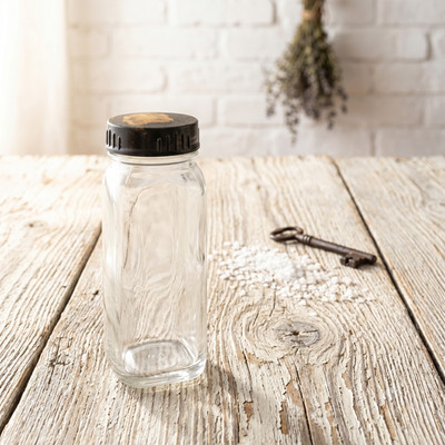 Wheaton's French Square Vintage Clear Glass Spice Jar Black Lid Embossed W Base