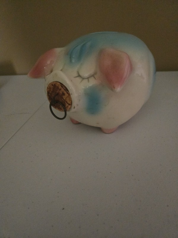 Vintage 1957 Hull Pottery USA Corky Pig Ceramic Bank Pastel Blue Pink 