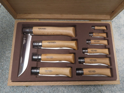 Opinel Folding Knives Beech Wood Handles 10 Pc Wooden Gift Box Set Carbon Steel