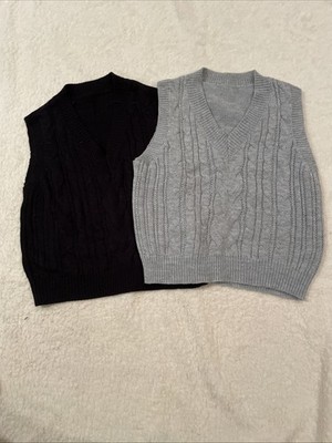 2-Women's Black / Gray Solid Cable-Knit V-Neck Sleeveless Sweater Vest , S