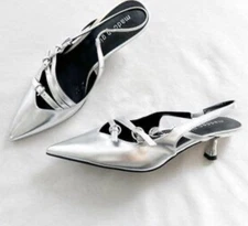 Madden Girl Silver Strappy Buckle Pointy Kitten Heels