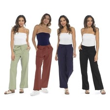 Ladies Linen Blend Wide Leg Trousers Ribbed Elastic Waist Summer Palazzo Pants