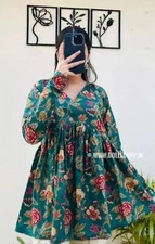 Women Indian Kurti; Floral Printed Cotton Pleated Tunic Kurti. Green/Blue/Purple