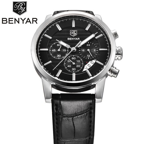 Benyar Hombre Militar Cuarzo Reloj Cronógrafo Visualización de Fecha Correa de Cuero BY-5104 - Imagen 6 de 15