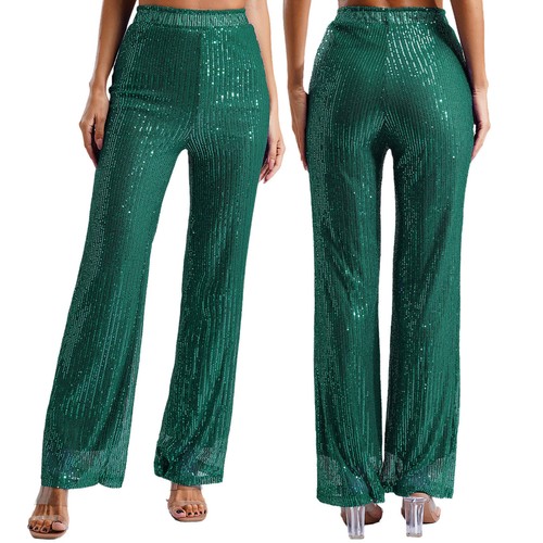 Damen Disco Glitzer Pailletten Hose Gerades Weites Bein Hose für Club Tanz - Bild 60 von 80