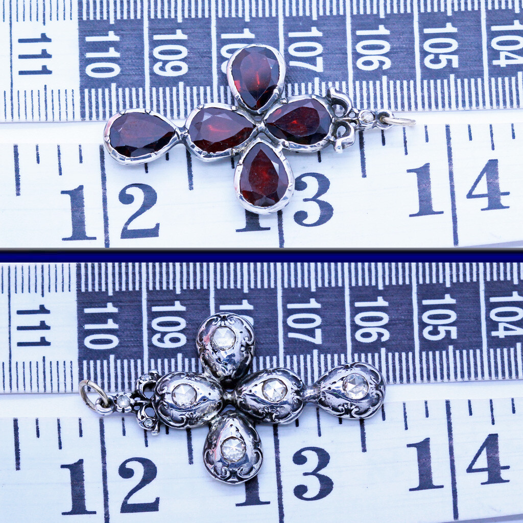Antique Georgian Cross Pendant Silver Diamonds Garnets Reversible Unisex (6908) image 4