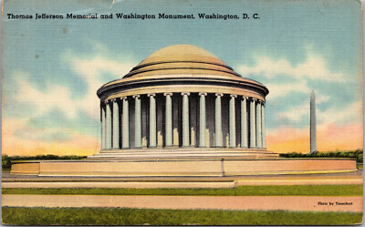 Thomas Jefferon Memorial and Washington Monument Vintage Linen Postcard