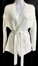 Intermix Cardigan Sweater White Cotton Open Long Sleeve Tie Waist Size M