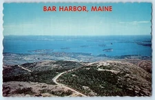 c1960 Mt. Desert Island Maine Postcard Air View Summit Cadillac Bar Harbor Bay