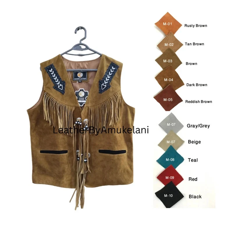 Men's Western Cowboy Style Suede Leather Fringed & Beaded Leather Vest