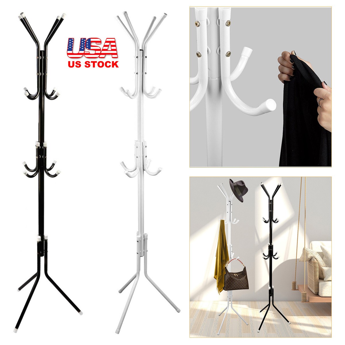 Tier 12 Hook Metal Coat Rack Clothes Hat Bag Hanger Tree Stand