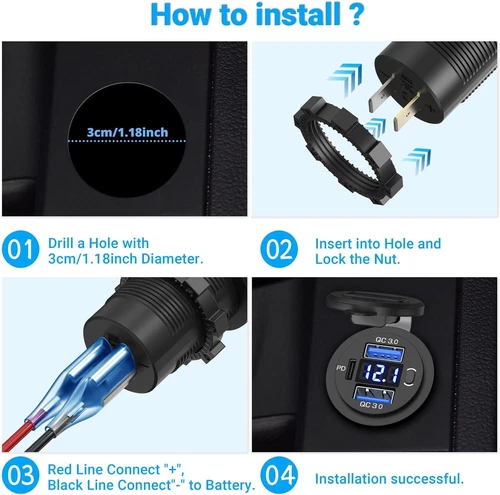 12-24V USB C 3 Port Fast Car Charger PD & QC3.0 Outlet Socket for Boat RV Marine - Picture 9 of 10