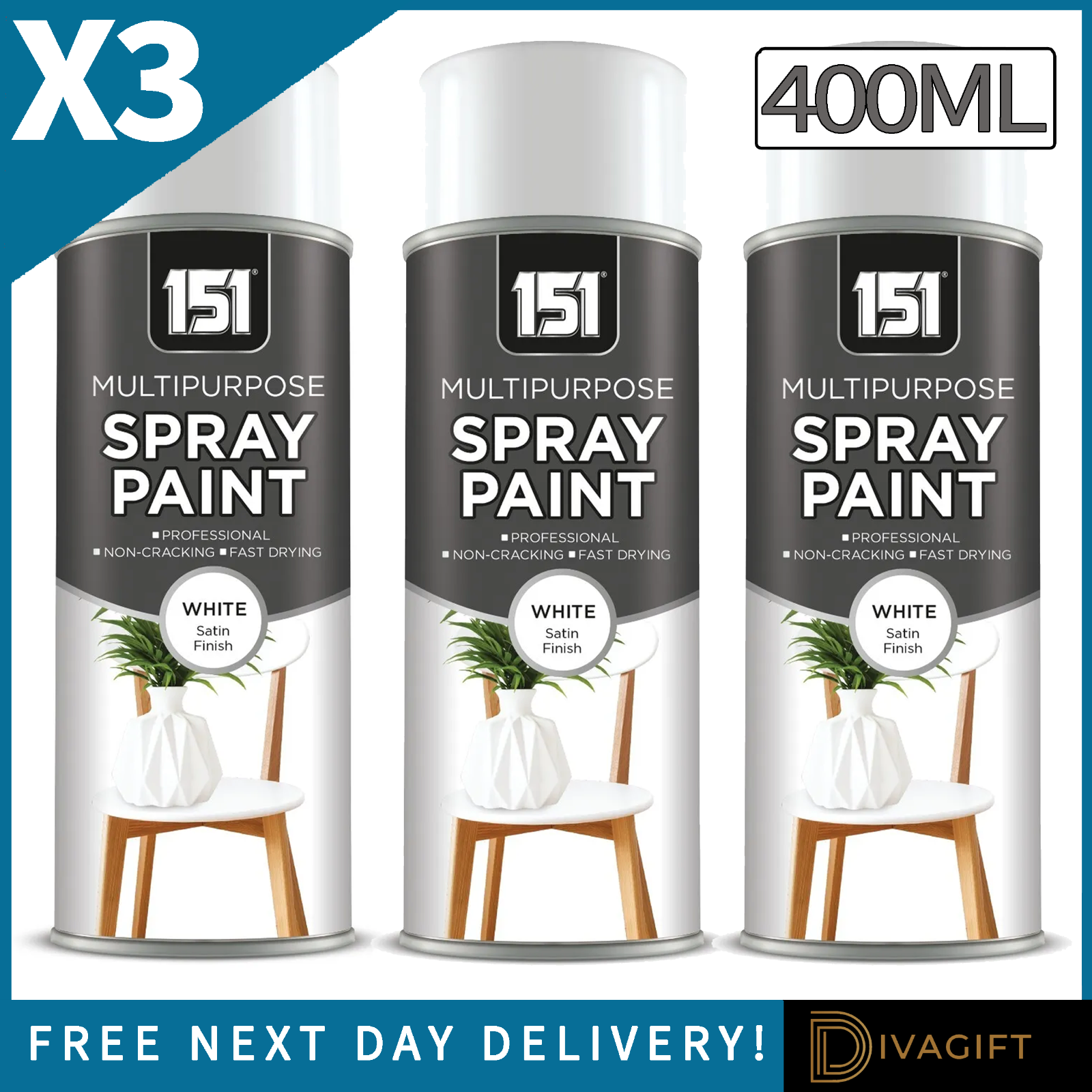 3 x WHITE SATIN FINISH SPRAY PAINT 400ML MULTI PURPOSE FOR WOOD METAL PLASTIC