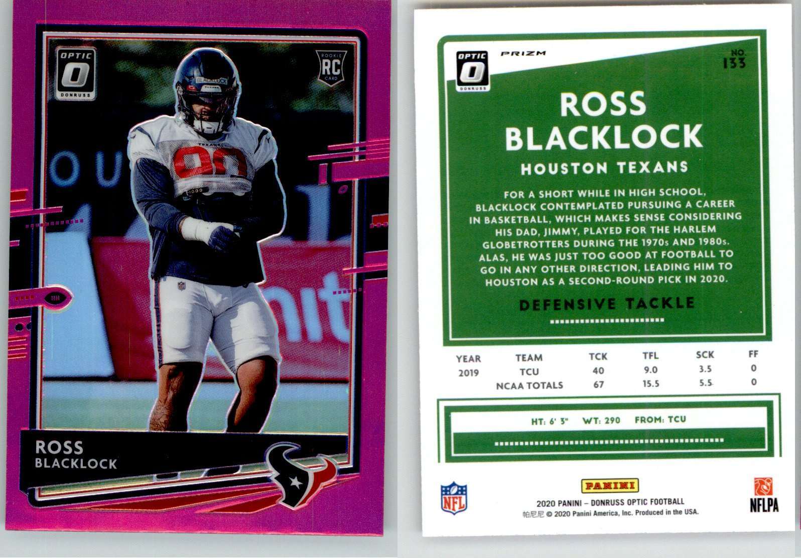 Ross Blacklock 2020 Donruss Optic Pink Holo Prizm #133 Texans RC Rookie ...