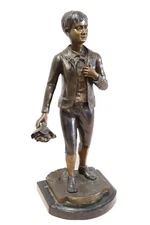 Large Bronze Sculpture Boy With Flowers Signed By Artist 